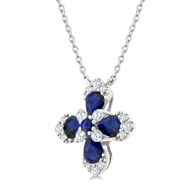 4x3 MM Pear and 2 MM Round Sapphire and 1/6 Ctw Round Cut Diamond Floral Blossom Precious Pendant With Chain in 14K white Gold
