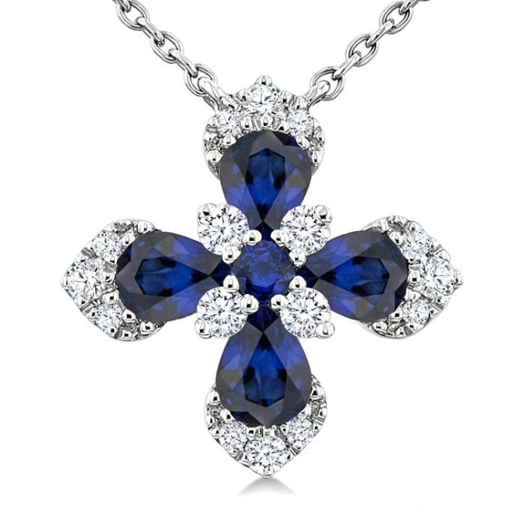 4x3 MM Pear and 2 MM Round Sapphire and 1/6 Ctw Round Cut Diamond Floral Blossom Precious Pendant With Chain in 14K white Gold