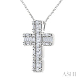 1 Ctw Fusion Baguette and Round Cut Diamond Cross Fashion Pendant With Chain in 14K White Gold