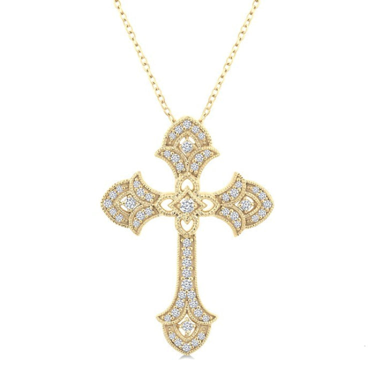 1/4 Ctw Cross Round Cut Diamond Fashion Pendant With Chain in 14K Yellow Gold
