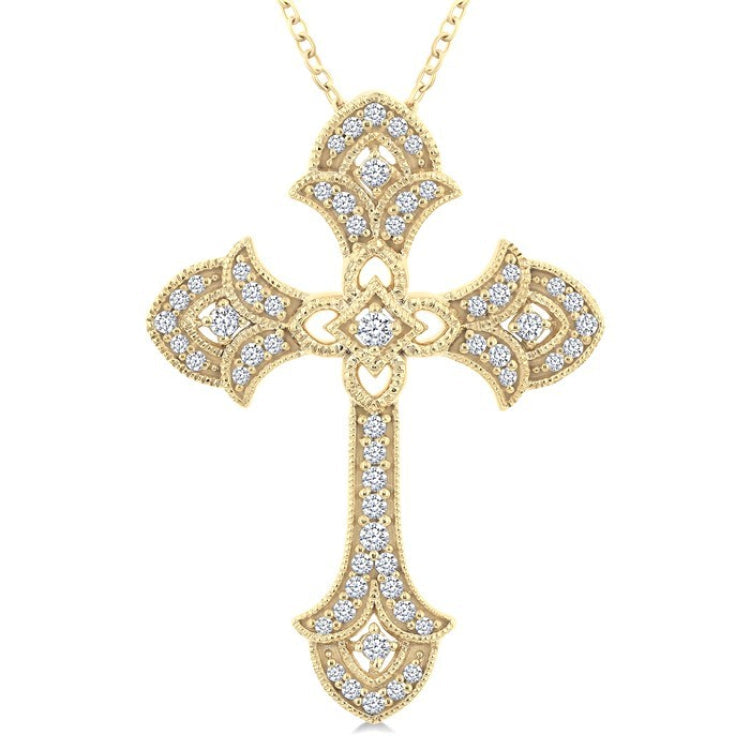 1/4 Ctw Cross Round Cut Diamond Fashion Pendant With Chain in 14K Yellow Gold