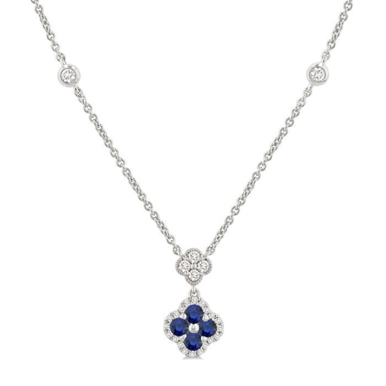 2.4 MM Round Shape Sapphire and 1/4 Ctw Clover Round Cut Diamond Station Necklace in 14K White Gold