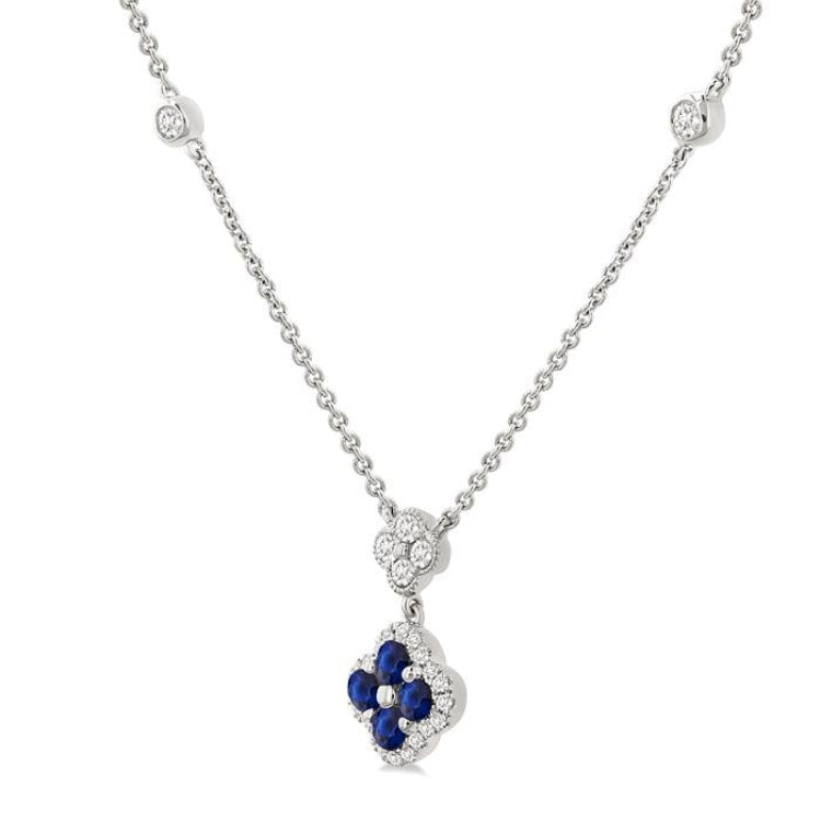 2.4 MM Round Shape Sapphire and 1/4 Ctw Clover Round Cut Diamond Station Necklace in 14K White Gold