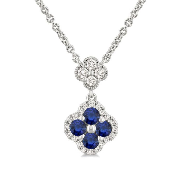2.4 MM Round Shape Sapphire and 1/4 Ctw Clover Round Cut Diamond Station Necklace in 14K White Gold