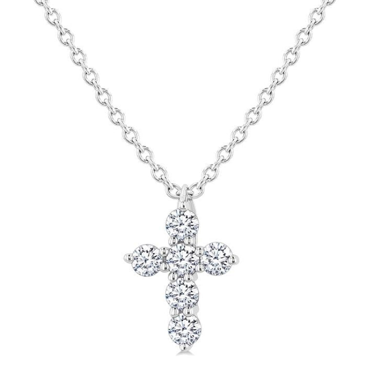 1/6 Ctw Round Cut Diamond Christian Cross 6-Stone Fashion Pendant With Chain in 14K White Gold