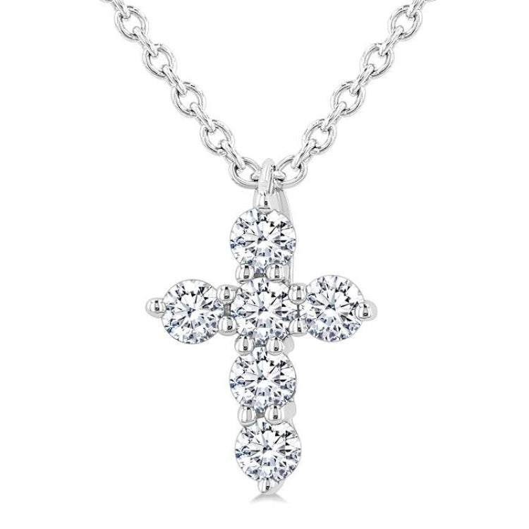 1/6 Ctw Round Cut Diamond Christian Cross 6-Stone Fashion Pendant With Chain in 14K White Gold
