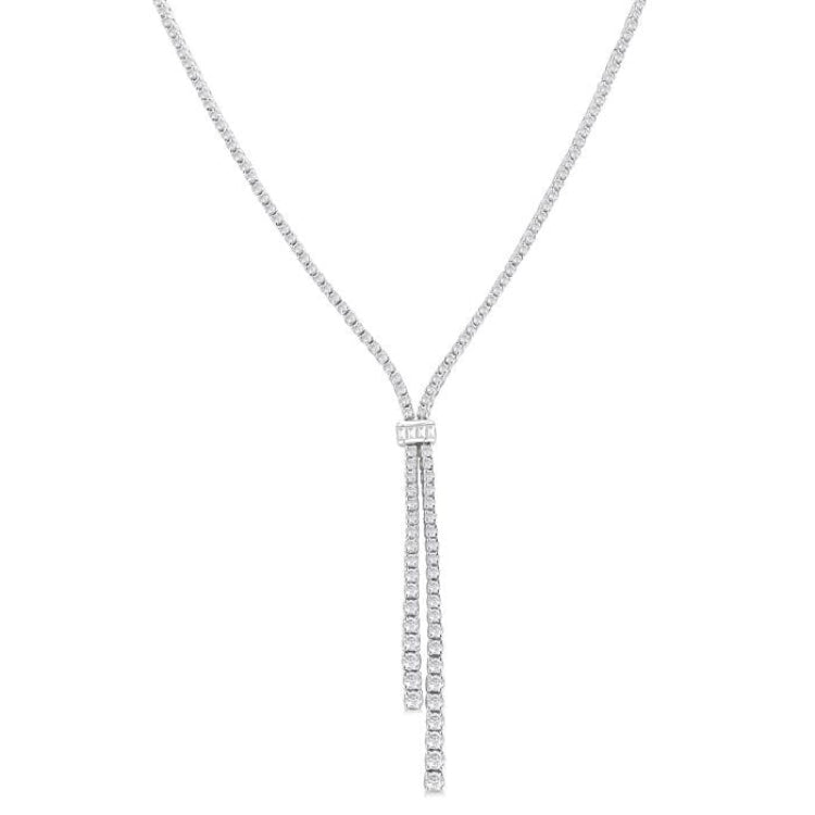 3 Ctw Split Y-Shape Baguette and Round Cut Diamond Lariat Necklace in 14K White Gold