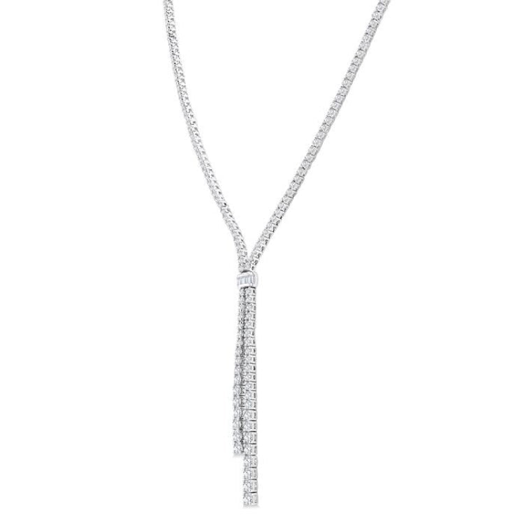 3 Ctw Split Y-Shape Baguette and Round Cut Diamond Lariat Necklace in 14K White Gold