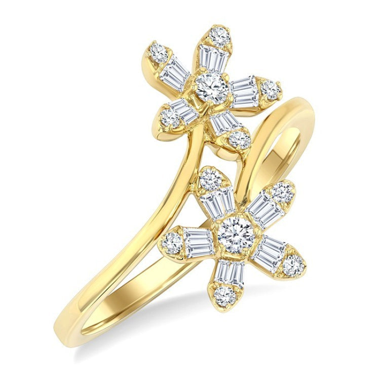 1/3 Ctw Petite Floral Bypass Baguette and Round Cut Diamond Fashion Ring in 10K Yellow Gold