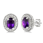 Load image into Gallery viewer, 6X4 MM Oval Shape Amethyst and 1/50 Ctw Round Cut Diamond Semi-Precious Earrings in Sterling Silver