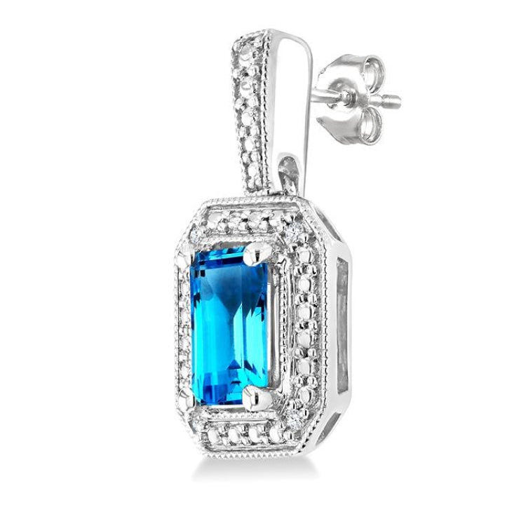 6X4 MM Octagon Shape Blue Topaz and 1/50 Ctw Round Cut Diamond Semi-Precious Earrings in Sterling Silver