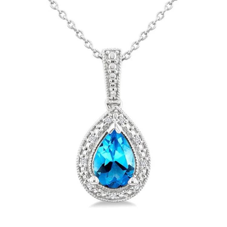 7X5 MM Pear Shape Blue Topaz and 1/50 Ctw Round Cut Diamond Semi-precious Pendant With Chain in Sterling Silver