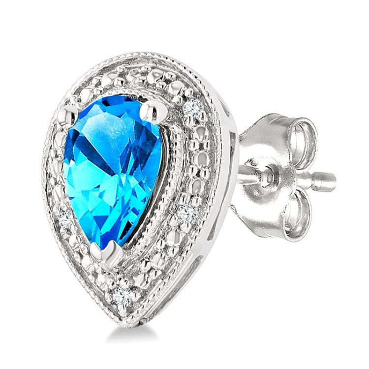 6X4 MM Pear Shape Blue Topaz and 1/50 Ctw Round Cut Diamond Semi-Precious Earrings in Sterling Silver