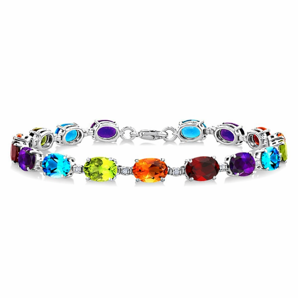 7X5 MM Oval Shape Peridot and 1/10 Ctw Round Cut Diamond Semi-Precious Bracelet in Sterling Silver