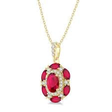 6x4 MM Oval Cut & 4x2 MM Marquise Cut Ruby and 1/6 Ctw Round Cut Diamond Precious Pendant With Chain in 14K Yellow Gold