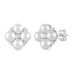 Load image into Gallery viewer, 4 MM Round Shape Floral Cultured Pearls and 1/10 Ctw Round Cut Diamond Fashion Stud Earring in 10K White Gold