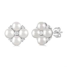 4 MM Round Shape Floral Cultured Pearls and 1/10 Ctw Round Cut Diamond Fashion Stud Earring in 10K White Gold