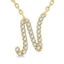 1/10 Ctw Initial 'N' Round cut Diamond Pendant With Chain in 10K White Gold