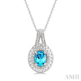 1/20 ctw Medallion Round Cut Diamond & 8x6MM Oval Cut Blue Topaz Semi Precious Pendant With Chain in Silver