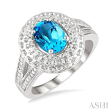 1/20 ctw Medallion Center Mount Round Cut Diamond & 8x6MM Oval Cut Blue Topaz Semi Precious Ring in Silver