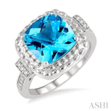 1/50 ctw Round Cut Diamond & 10x10MM Cushion Cut Blue Topaz Semi Precious Ring in Silver