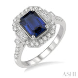 1/2 ctw Octagonal Shape 8x6MM Sapphire and Princess, Baguette and Round Cut Diamond Precious Ring in 14K White Gold