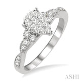 1/2 ctw Pear Shape Center Crisscross Carved Shank Lovebright Round Cut Diamond Engagement Ring in 14K White Gold