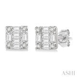 1/6 ctw Square Shape Baguette and Round Cut Diamond Petite Fashion Earring in 14K White Gold.